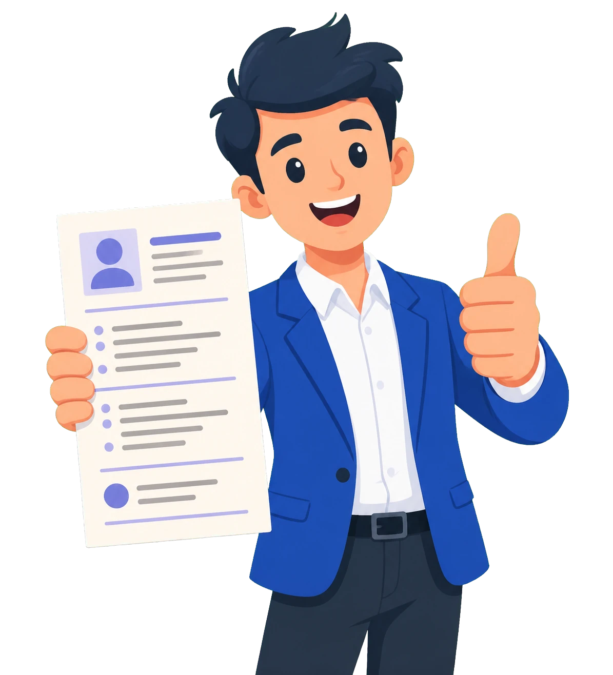 A professional holding a resume and giving a thumbs-up