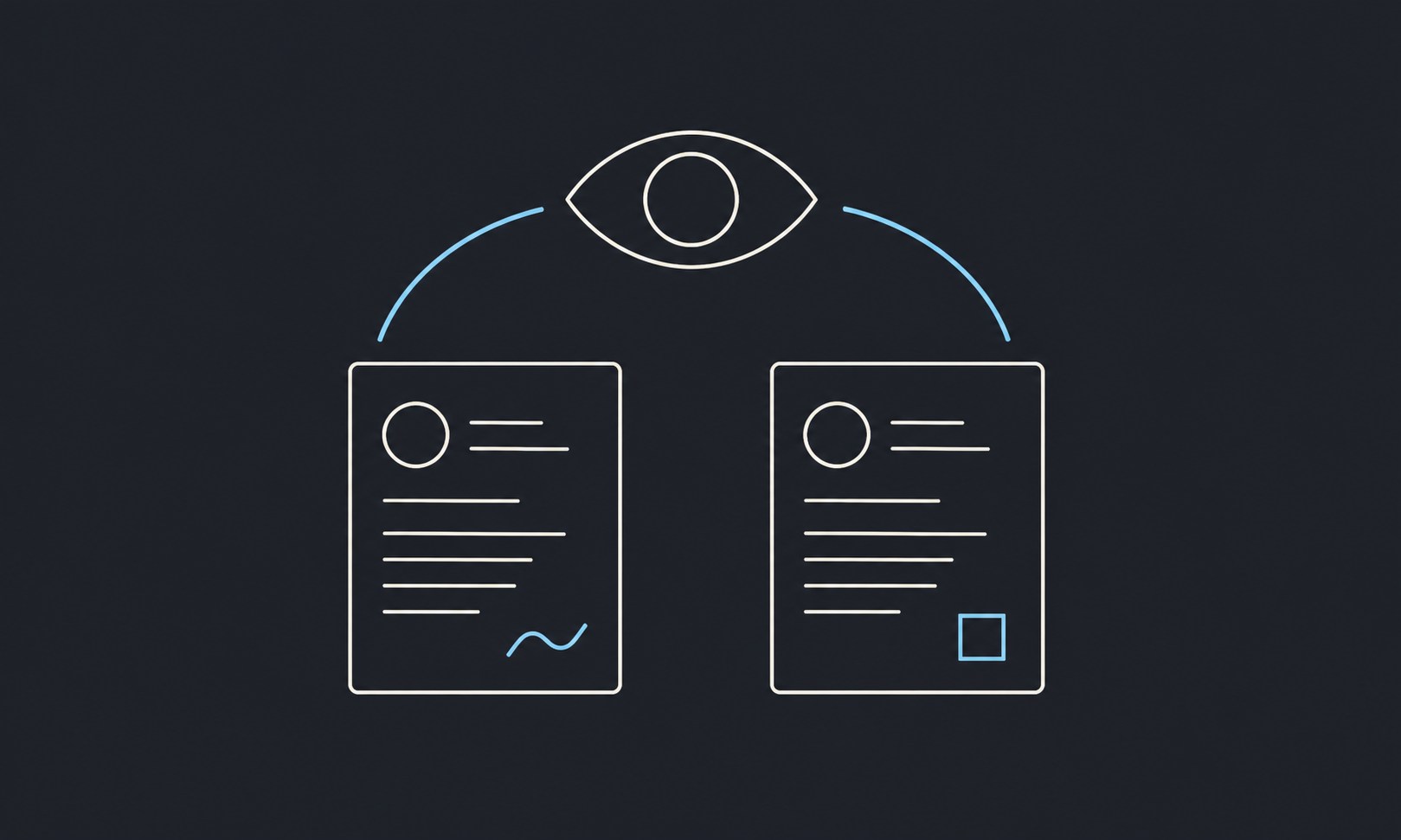 A recruiter weighing a human-written resume and an AI-assisted resume on a balanced scale